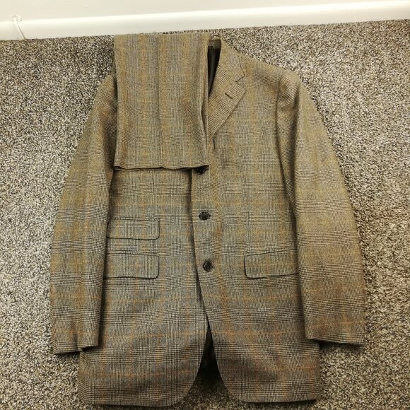 NWOT Alfred Dunhill Suit Wool Cashmere Glen Plaid Beige Brown 38R 30W Italy Made - Picture 1 of 14